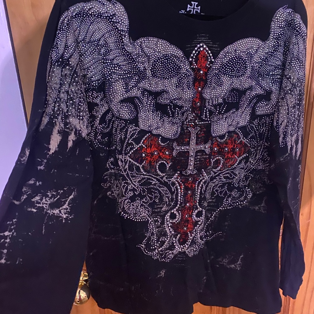 XAR Unlimited Skull & Cross Long Sleeve Top - Black with lots of Rhinestones